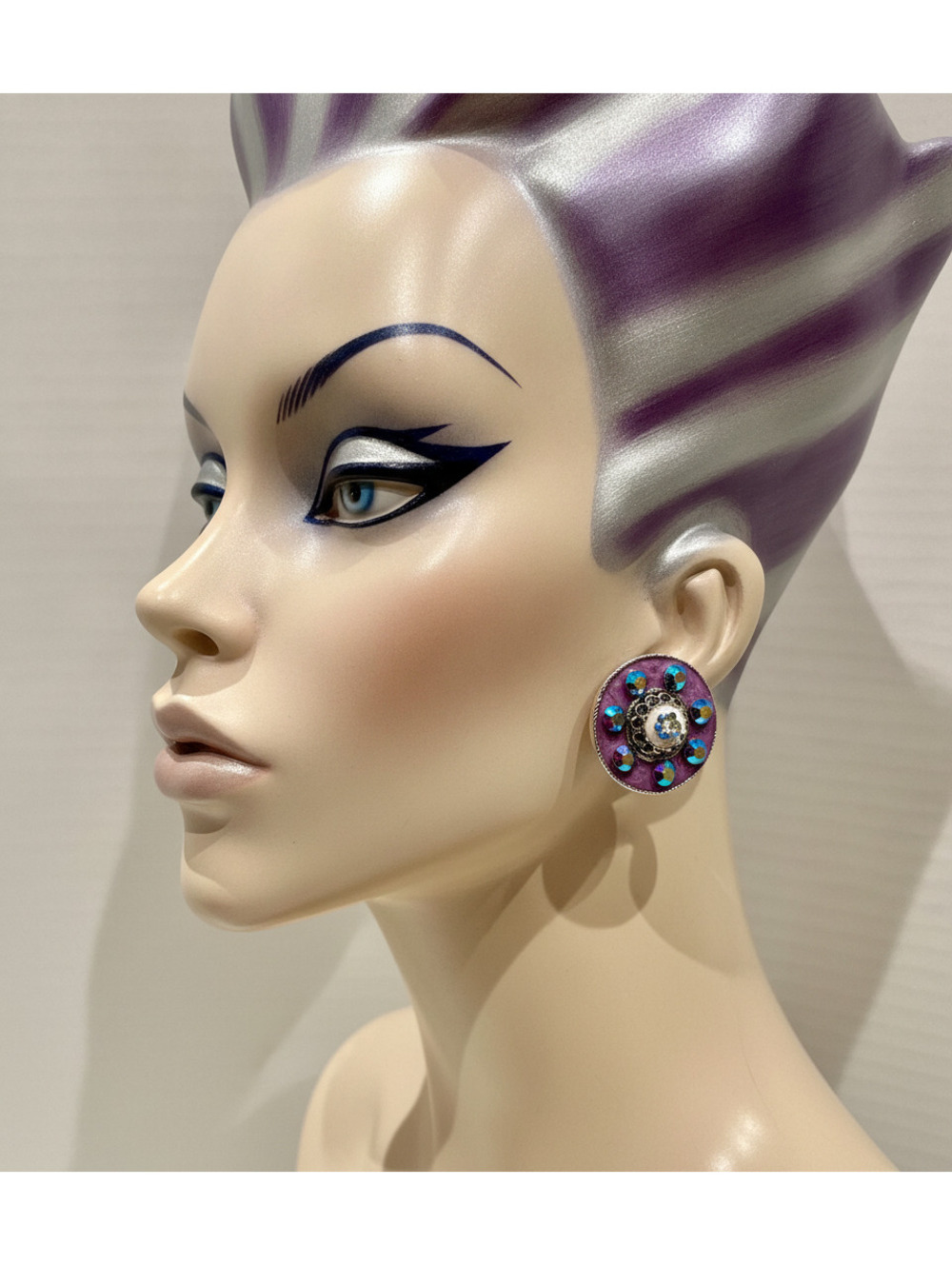 Vintage Purple Rhinestone Clip-On Earrings with Floral Design